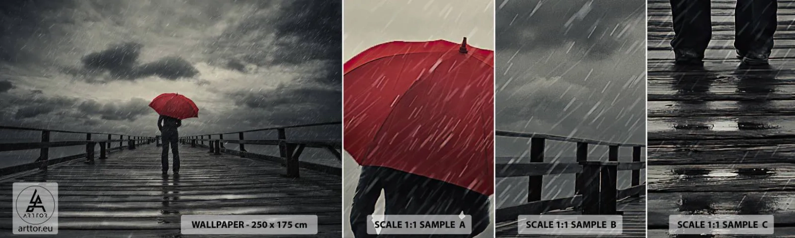 Vzor Fototapety Samolepicí Deluxe Sticker - Nevadí, že prší - Dřevěné molo, Moře, Procházka v dešti - 100x30 cm