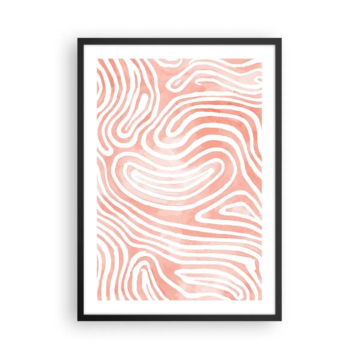 Plakát v černém rámu - Abstraktní linie v odstínech lososa a bílé - 50x70cm - V korálovém labyrintu - Moderní nástěnná dekorace do obývacího pokoje a ložnice ARTTOR