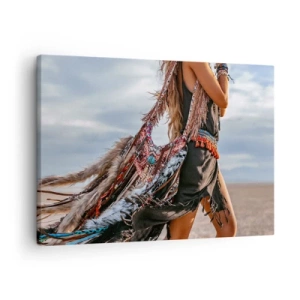Obraz na plátně - Žena v boho stylu s detaily z peří a šperků - 70x50cm - Šamanovo děvče - Moderní nástěnná dekorace do obývacího pokoje a ložnice ARTTOR