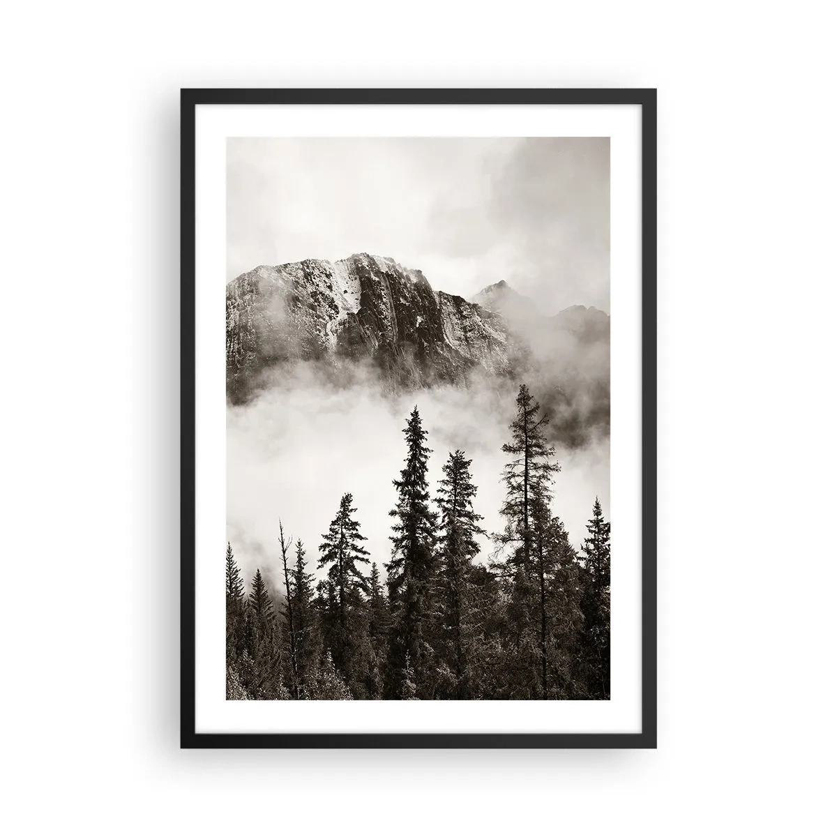 Plakát v černém rámu - Horská krajina se stromy a mlhou - 50x70cm - Žulový panovník - Moderní nástěnná dekorace do obývacího pokoje a ložnice ARTTOR