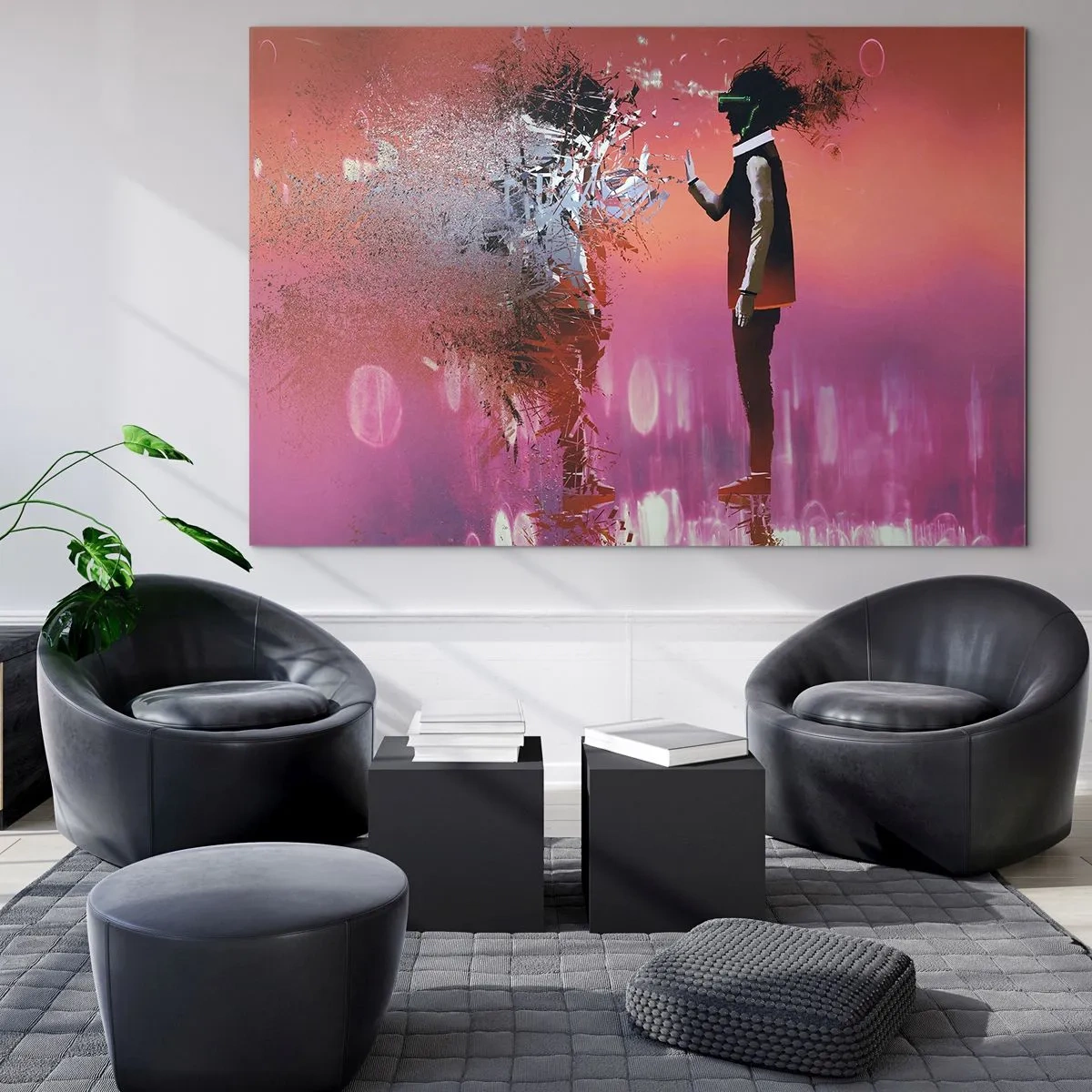 Obraz na skle - Postava ve virtuální realitě s rozptylujícím stínem - 70x50cm - Lze nahlédnut do sebe? - Moderní nástěnná dekorace do obývacího pokoje a ložnice ARTTOR