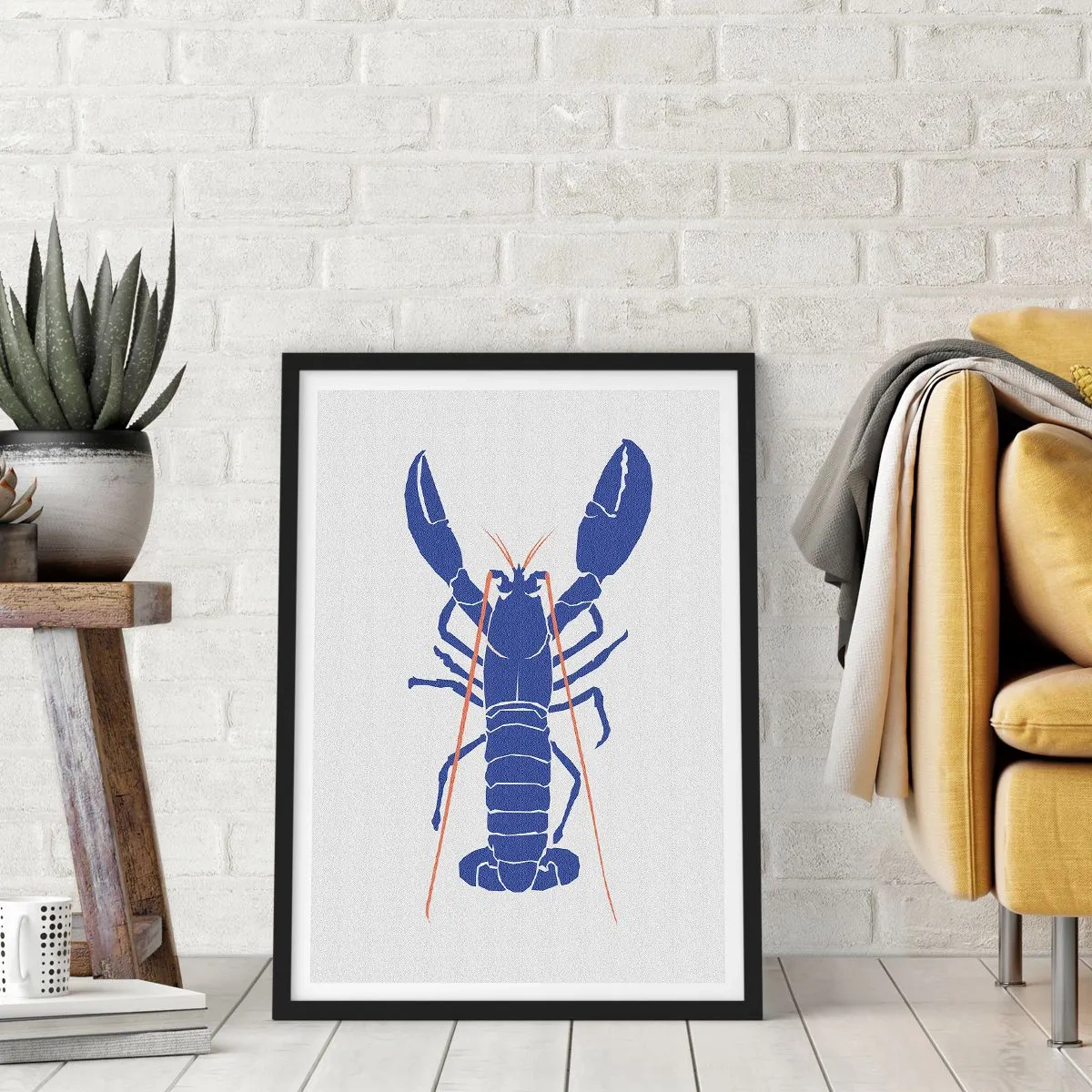 Plakát v černém rámu - Vysoce kontrastní grafika humra v minimalistickém stylu - 50x70cm - Elegantní modrý humr - Moderní nástěnná dekorace do obývacího pokoje a ložnice ARTTOR