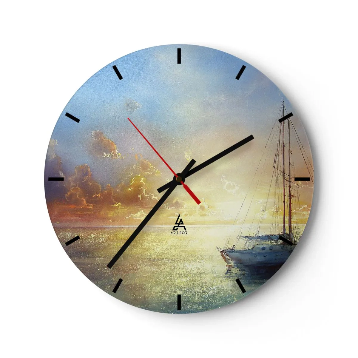 Nástěnné hodiny - Plachetnice na moři při západu slunce - 30x30cm - Ve zlatém zálivu - Moderní nástěnná dekorace do obývacího pokoje, kuchyně a ložnice ARTTOR