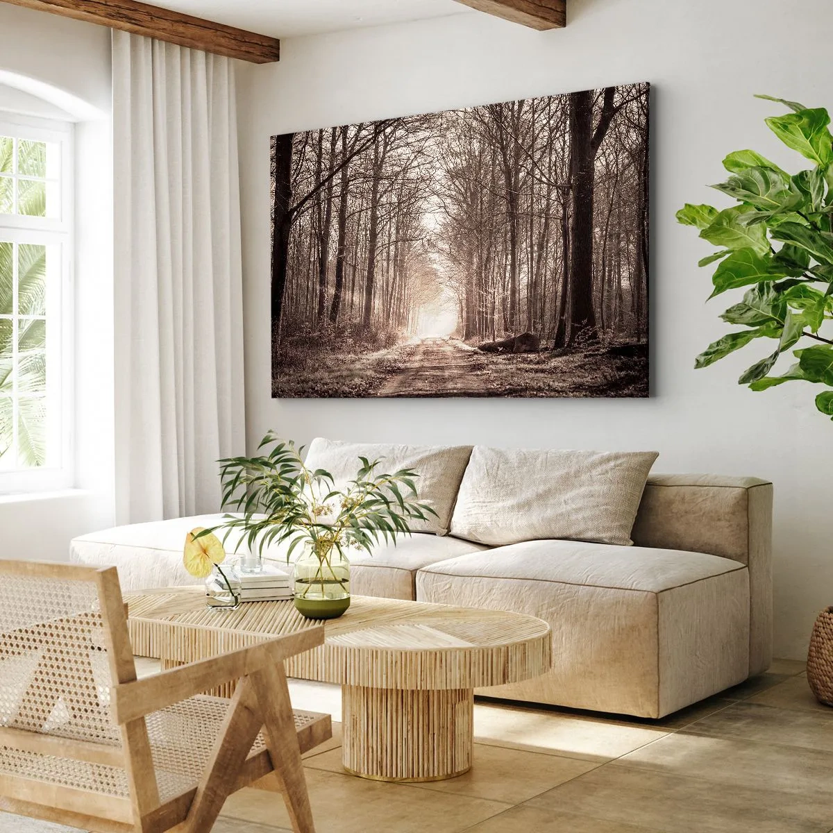 Obraz na plátně - Lesní cesta mezi stromy v sépiovém odstínu - 70x50cm - Lesní katedrála - Moderní nástěnná dekorace do obývacího pokoje a ložnice ARTTOR