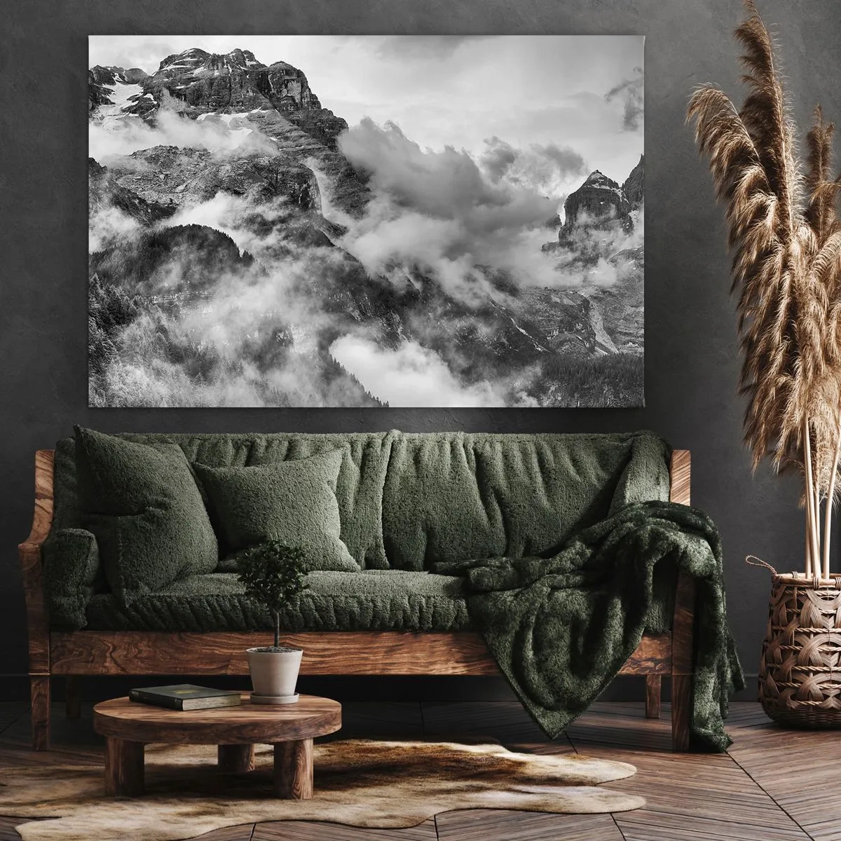 Obraz na plátně - Černobílý pohled na hory obklopené mraky - 70x50cm - Krásné a kruté - Moderní nástěnná dekorace do obývacího pokoje a ložnice ARTTOR