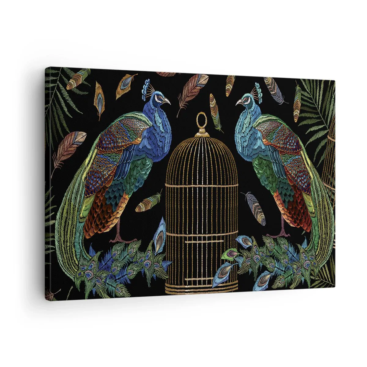 Obraz na plátně - Pávi vedle zlaté klece na černém pozadí - 70x50cm - V královském rouchu - Moderní nástěnná dekorace do obývacího pokoje a ložnice ARTTOR