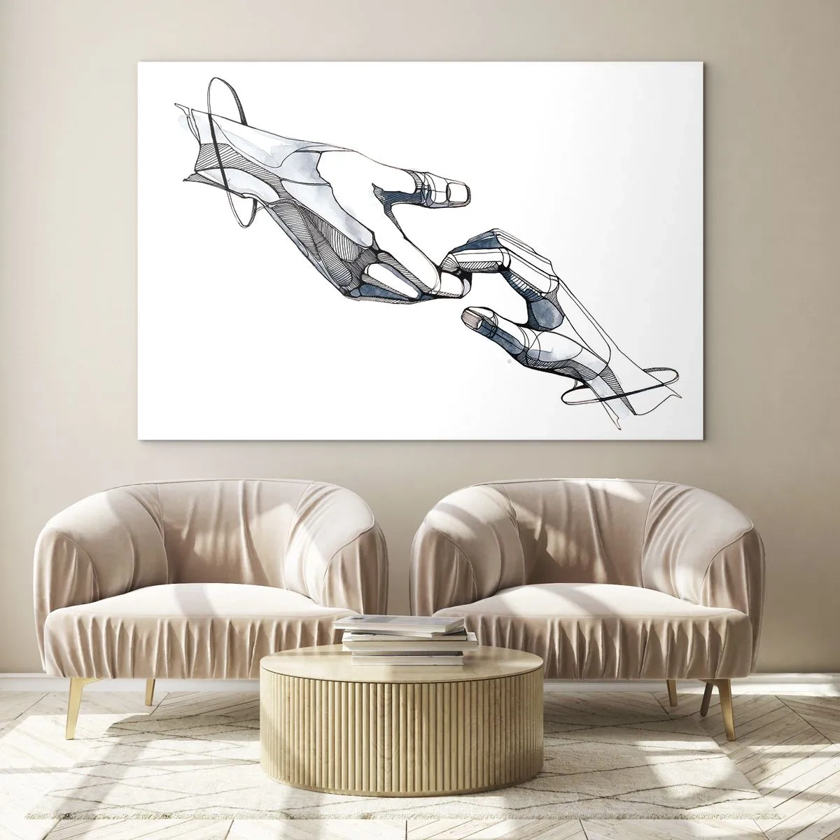 Obraz na skle - Umělecké znázornění dvou rukou v abstraktním stylu - 70x50cm - Dobré gesto - Moderní nástěnná dekorace do obývacího pokoje a ložnice ARTTOR