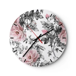 Nástěnné hodiny - Růžové růže s černými a bílými listy - 30x30cm - Ztratit se v květinách růží - Moderní nástěnná dekorace do obývacího pokoje, kuchyně a ložnice ARTTOR