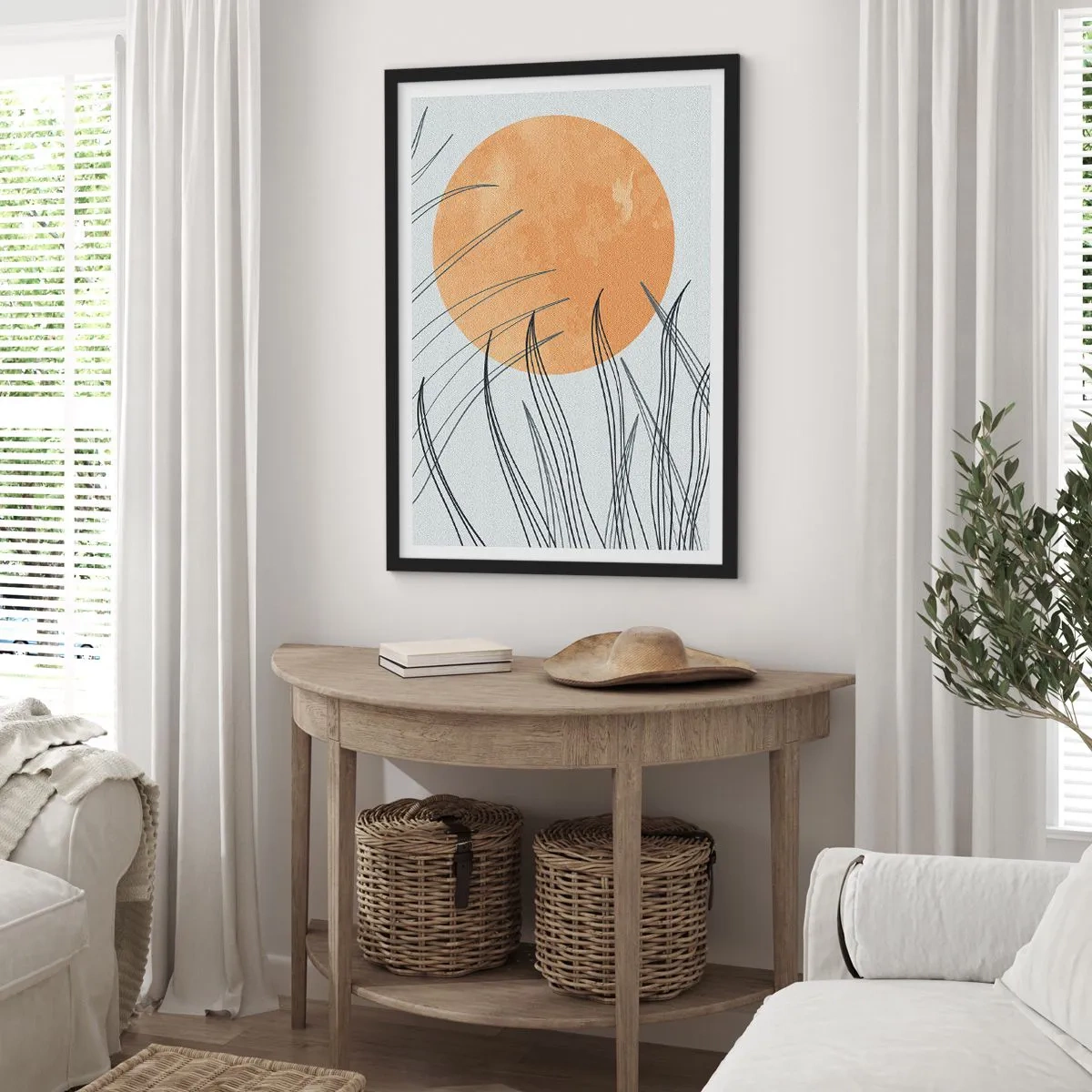 Plakát v černém rámu - Minimalistická kompozice s měsícem a trávou - 50x70cm - Vždy ke slunci - Moderní nástěnná dekorace do obývacího pokoje a ložnice ARTTOR