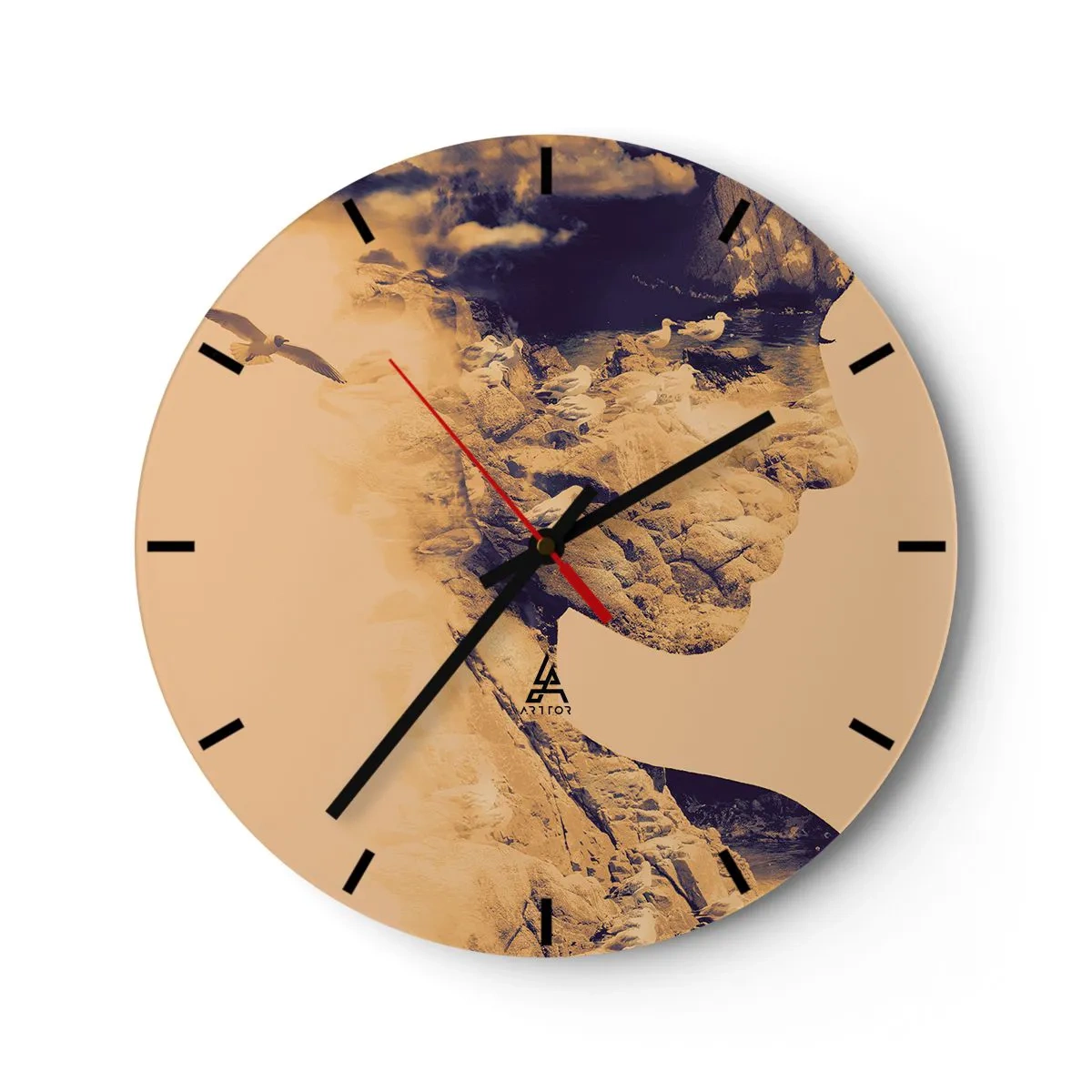 Nástěnné hodiny - Umělecký profil obličeje s krajinou a racky - 30x30cm - Krásná od přírody - Moderní nástěnná dekorace do obývacího pokoje, kuchyně a ložnice ARTTOR