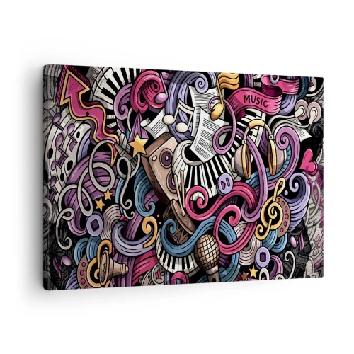 Obraz na plátně - Hudební abstrakce plná barevných nástrojů a not. - 70x50cm - Komplikovaná melodie - Moderní nástěnná dekorace do obývacího pokoje a ložnice ARTTOR