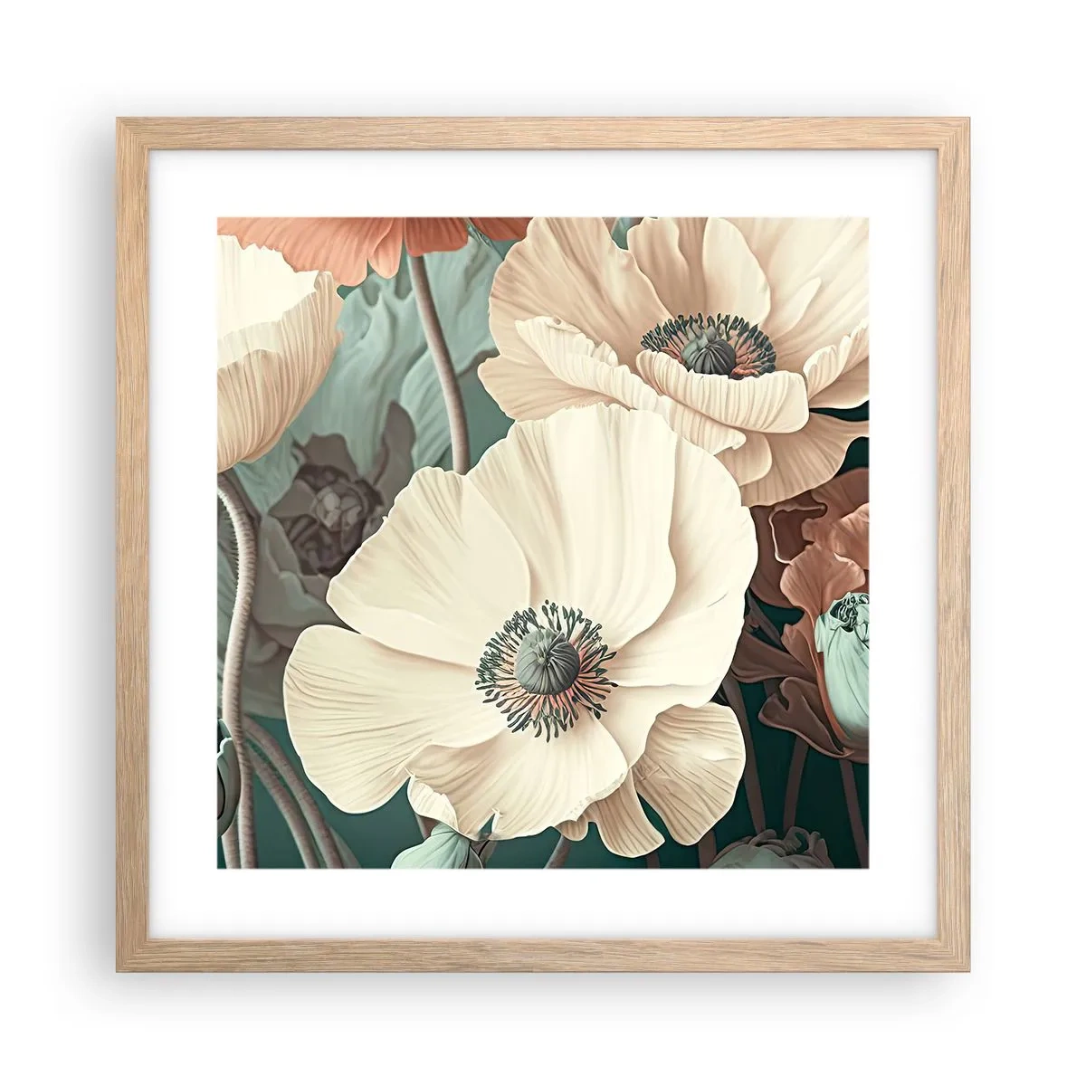 Plakát v rámu světlý dub - Šepot máků - 40x40 cm