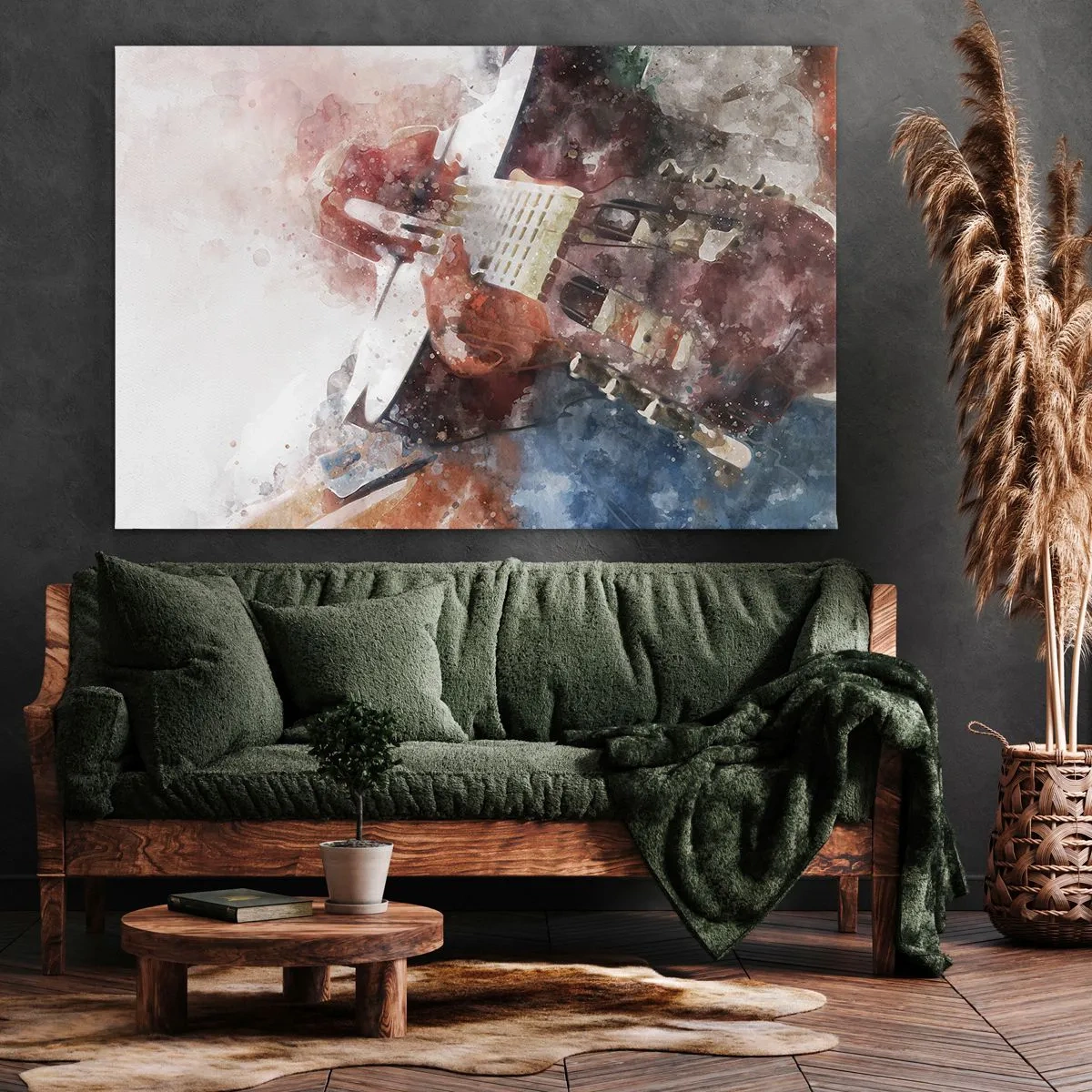 Obraz na plátně - Umělecký pohled na kytaru ve stylu akvarelu - 70x50cm - Co si o tom myslíš? - Moderní nástěnná dekorace do obývacího pokoje a ložnice ARTTOR