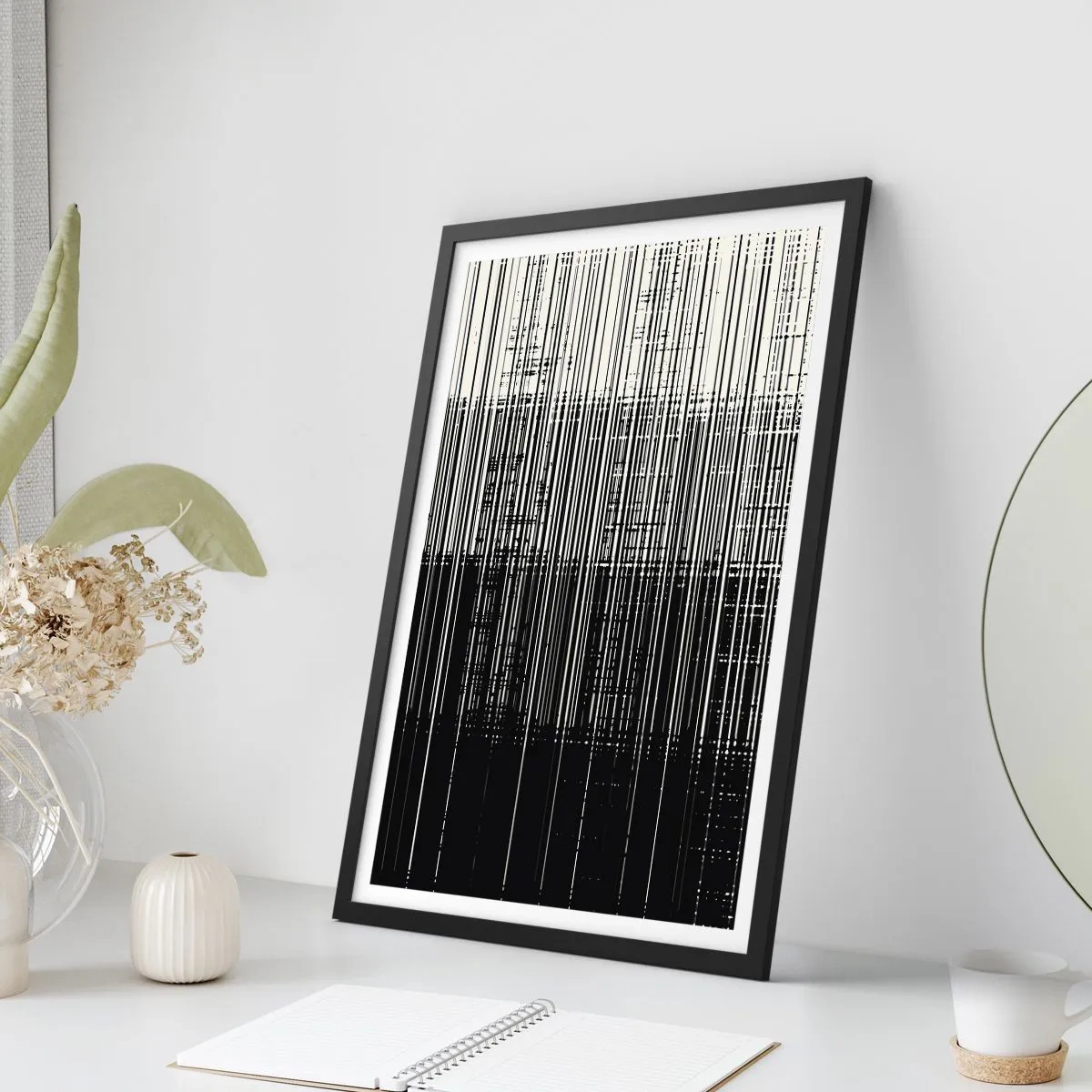Plakát v černém rámu - Abstraktní kompozice černých čar na bílém pozadí - 50x70cm - Vlny a vibrace - Moderní nástěnná dekorace do obývacího pokoje a ložnice ARTTOR