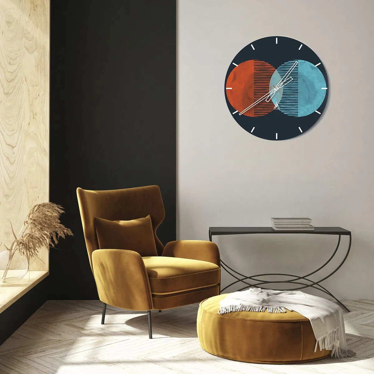 Nástěnné hodiny - Detail zlatých palmových listů tvořících geometrický vzor - 30x30cm - Astronomická fantazie - Moderní nástěnná dekorace do obývacího pokoje, kuchyně a ložnice ARTTOR