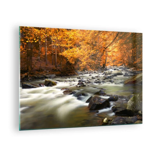 Obraz na skle - Podzimní les s potokem a kameny - 70x50cm - Potok ve zlatém lese - Moderní nástěnná dekorace do obývacího pokoje a ložnice ARTTOR