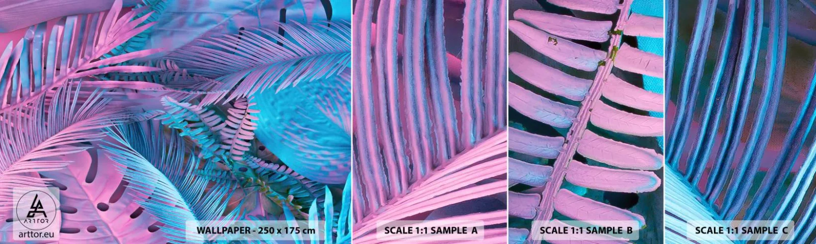 Vzor Fototapety Samolepicí Deluxe Sticker - Tropy v růžové a modré - Abstrakce, Listy, Tropická rostlina - 100x30 cm