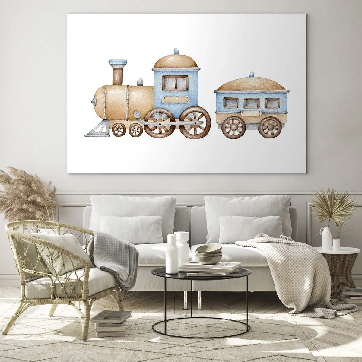 Obraz na skle - Ilustrace parního vlaku v odstínech modré a béžové na bílém pozadí - 70x50cm - Na dráze stojí… - Moderní nástěnná dekorace do obývacího pokoje a ložnice ARTTOR