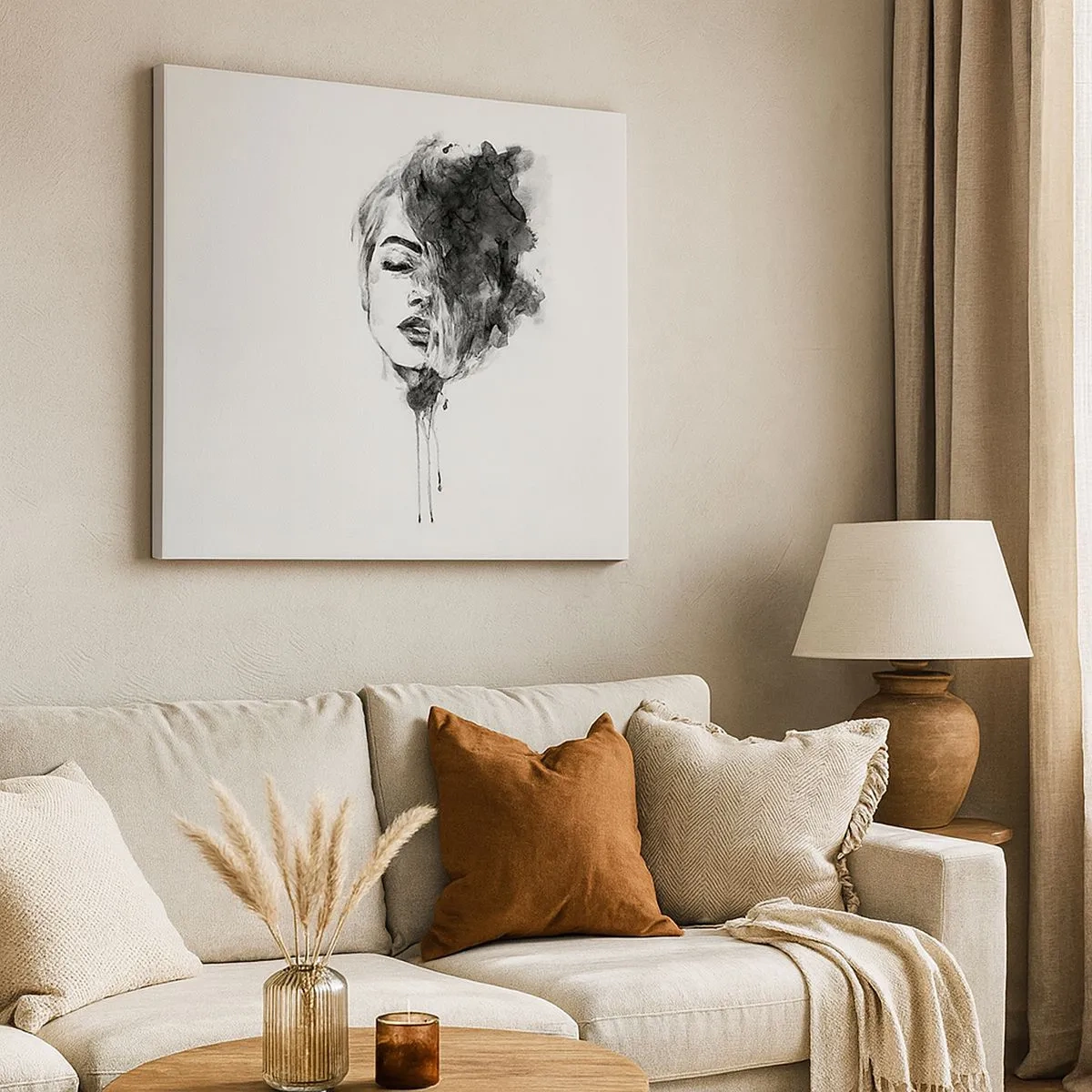 Obraz na plátně - Umělecký portrét ženy v akvarelové technice s abstraktními detaily - 70x50cm - O čem sní dívka - Moderní nástěnná dekorace do obývacího pokoje a ložnice ARTTOR