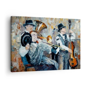 Obraz na plátně - Jazzoví hudebníci v malířském stylu během koncertu - 70x50cm - Celý tento jazz - Moderní nástěnná dekorace do obývacího pokoje a ložnice ARTTOR