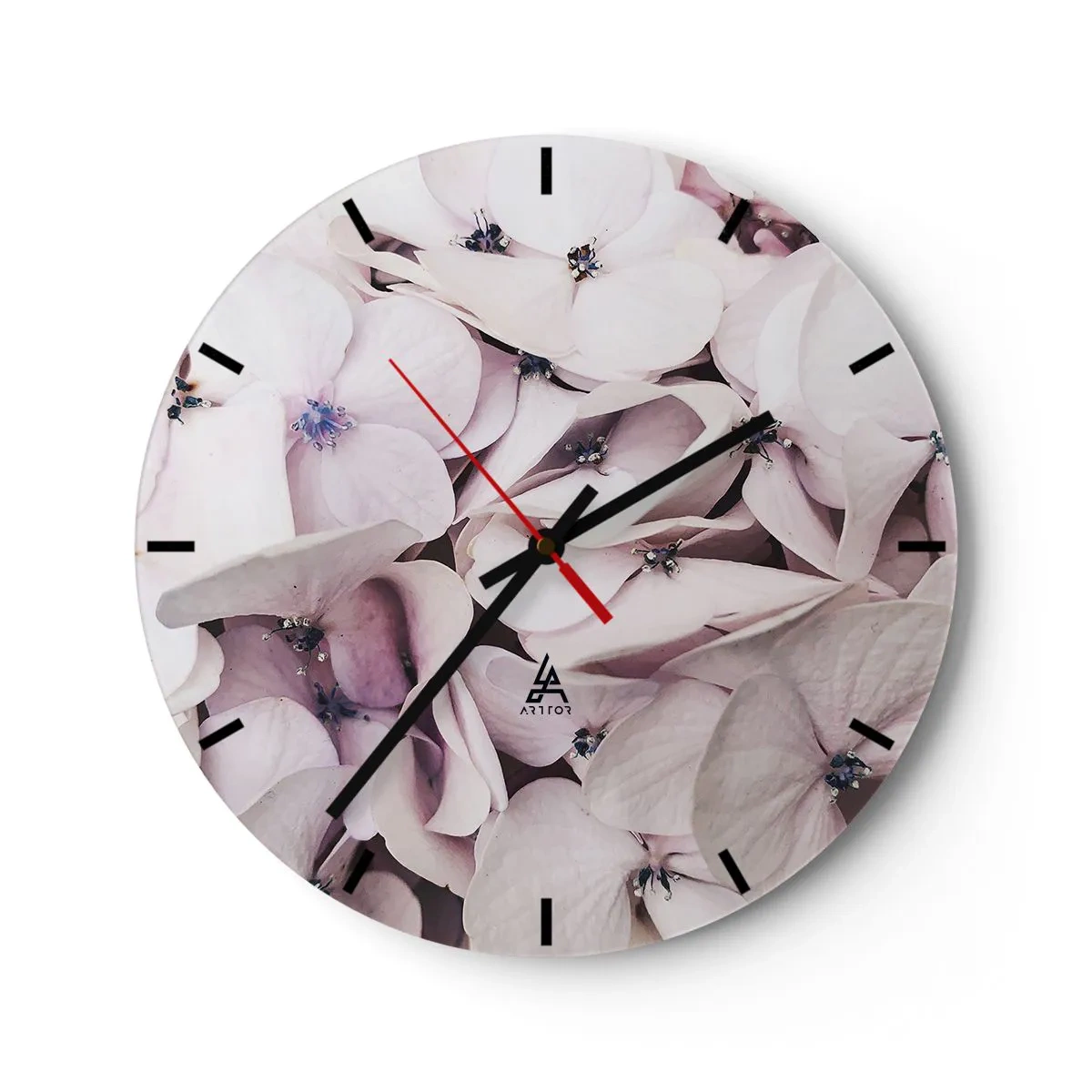 Nástěnné hodiny - Světle růžové květy hortenzie v decentní kompozici - 30x30cm - V záplavě květin - Moderní nástěnná dekorace do obývacího pokoje, kuchyně a ložnice ARTTOR