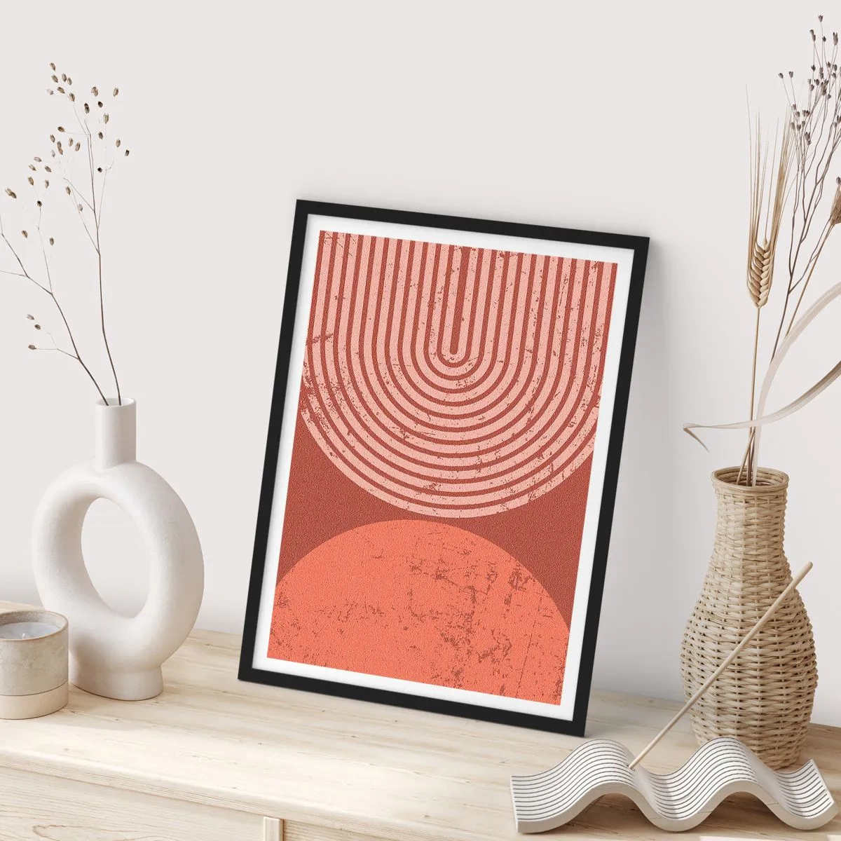 Plakát v černém rámu - Geometrická abstrakce v terakotových odstínech s vintage efektem - 50x70cm - Blízký vztah - Moderní nástěnná dekorace do obývacího pokoje a ložnice ARTTOR