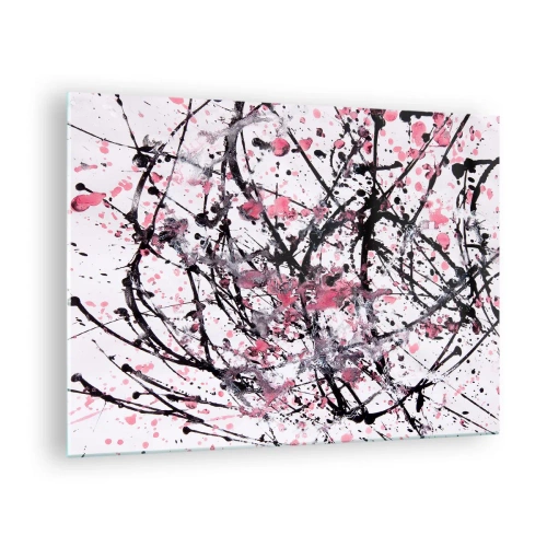 Obraz na skle - Dynamické abstraktní linie a růžové skvrny na bílém pozadí - 70x50cm - Pomíjivá povaha života - Moderní nástěnná dekorace do obývacího pokoje a ložnice ARTTOR