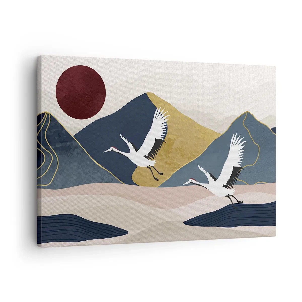 Obraz na plátně - Jeřábi za letu na pozadí hor a rudého slunce - 70x50cm - Opět uběhl další den - Moderní nástěnná dekorace do obývacího pokoje a ložnice ARTTOR