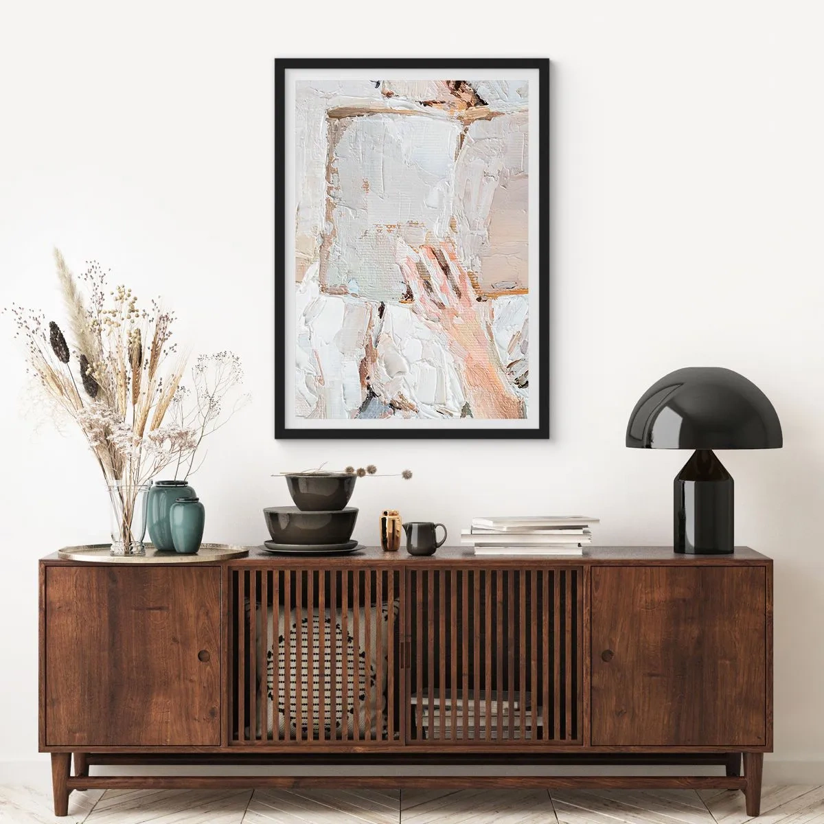 Plakát v černém rámu - Texturovaný obrázek ruky držící otevřenou knihu. - 50x70cm - V jiném světě - Moderní nástěnná dekorace do obývacího pokoje a ložnice ARTTOR