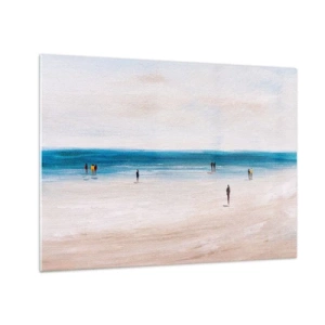 Obraz na skle - Klidná pláž se siluetami lidí jdoucích podél mořské linie - 70x50cm - Přirozená potřeba - Moderní nástěnná dekorace do obývacího pokoje a ložnice ARTTOR