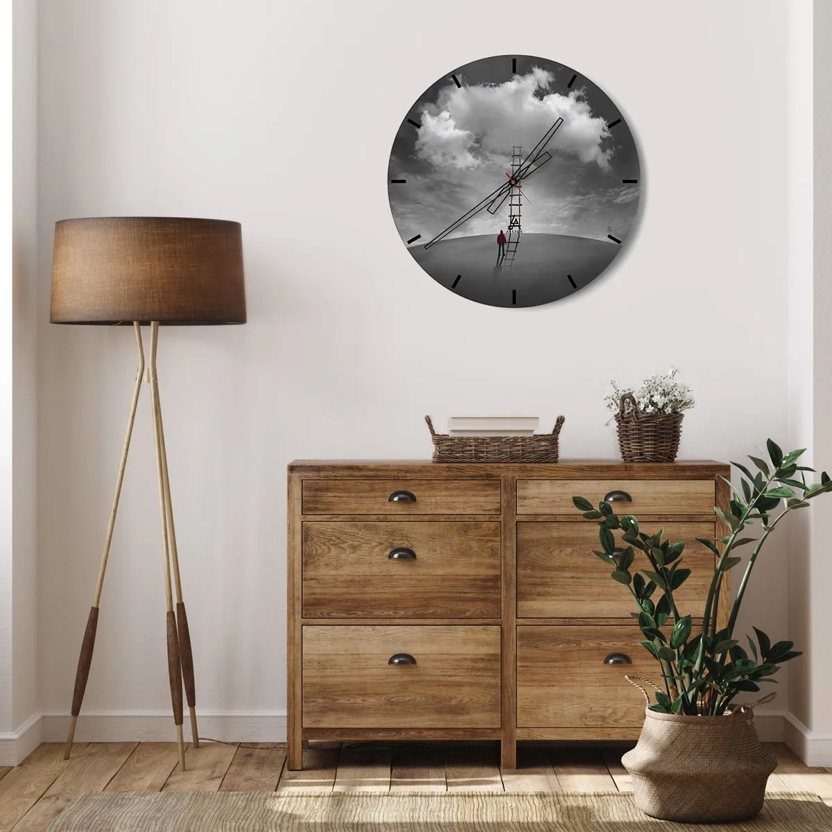 Nástěnné hodiny - Muž šplhající po žebříku k mraku proti obloze - 30x30cm - Všechno je možné - Moderní nástěnná dekorace do obývacího pokoje, kuchyně a ložnice ARTTOR