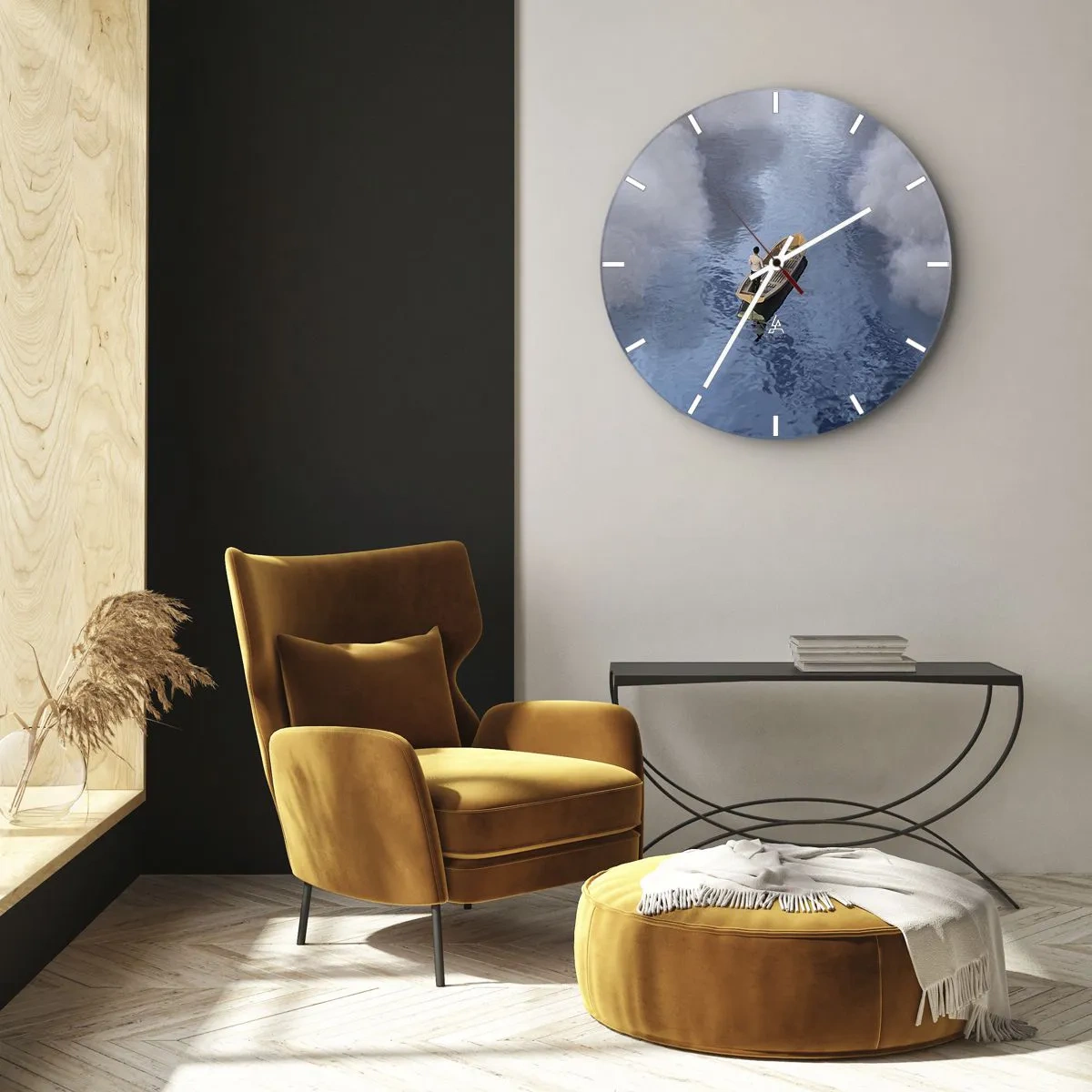 Nástěnné hodiny - Postava v lodi plující na klidné vodě mezi mraky - 30x30cm - Život – cesta – nejistota - Moderní nástěnná dekorace do obývacího pokoje, kuchyně a ložnice ARTTOR