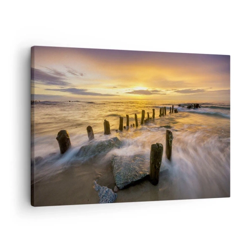 Obraz na plátně - Západ slunce nad mořem se zbytky starého mola - 70x50cm - Drsná krása Baltského moře - Moderní nástěnná dekorace do obývacího pokoje a ložnice ARTTOR