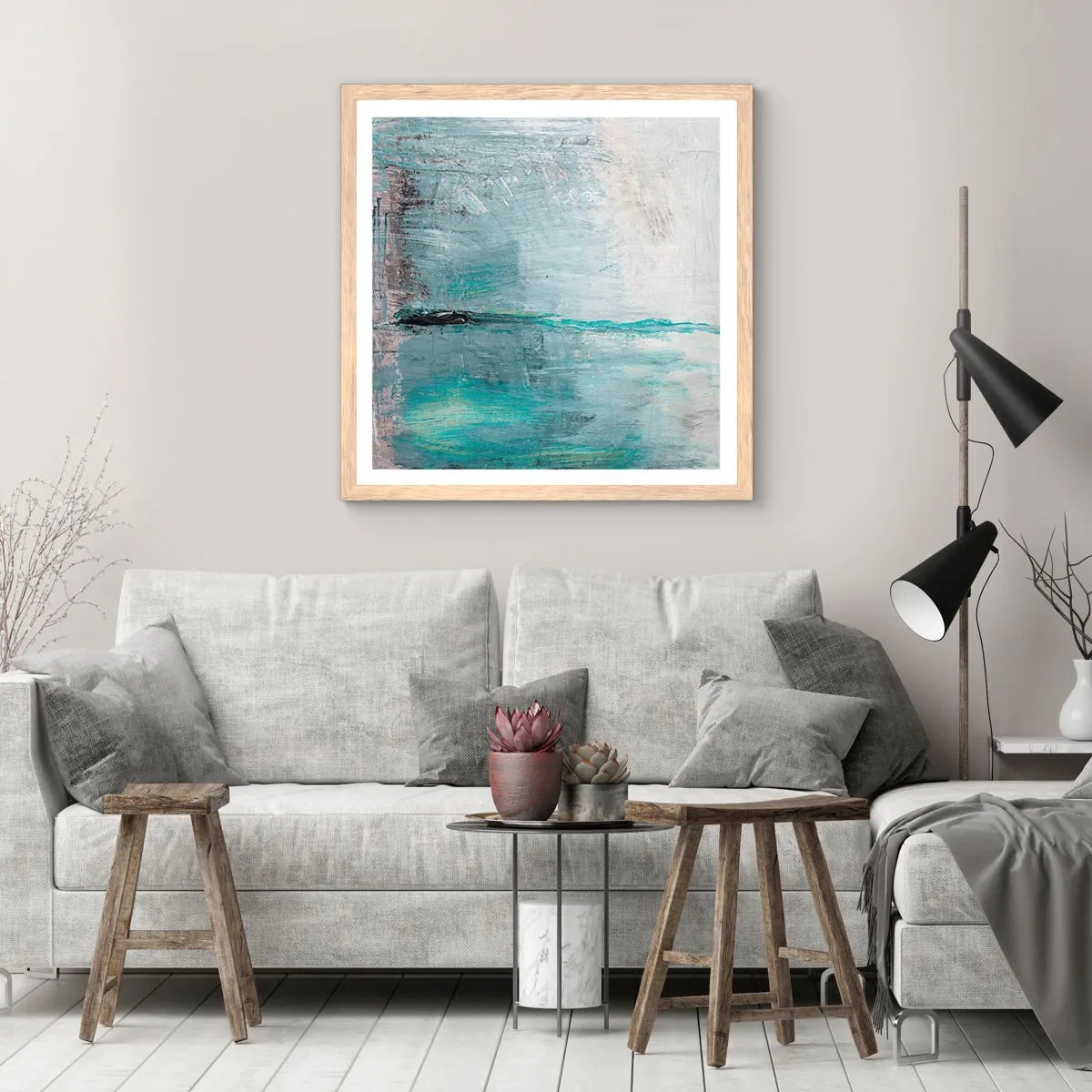 Plakát v rámu světlý dub - Horizontálně v modři - 30x30 cm