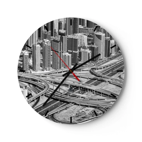 Nástěnné hodiny - Černobílá fotografie města s hustou sítí dálnic. - 30x30cm - Dubaj – nemožné město - Moderní nástěnná dekorace do obývacího pokoje, kuchyně a ložnice ARTTOR