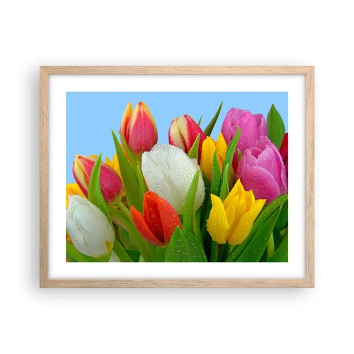 Plakát v rámu světlý dub - Květinová duha v kapkách rosy - 50x40 cm