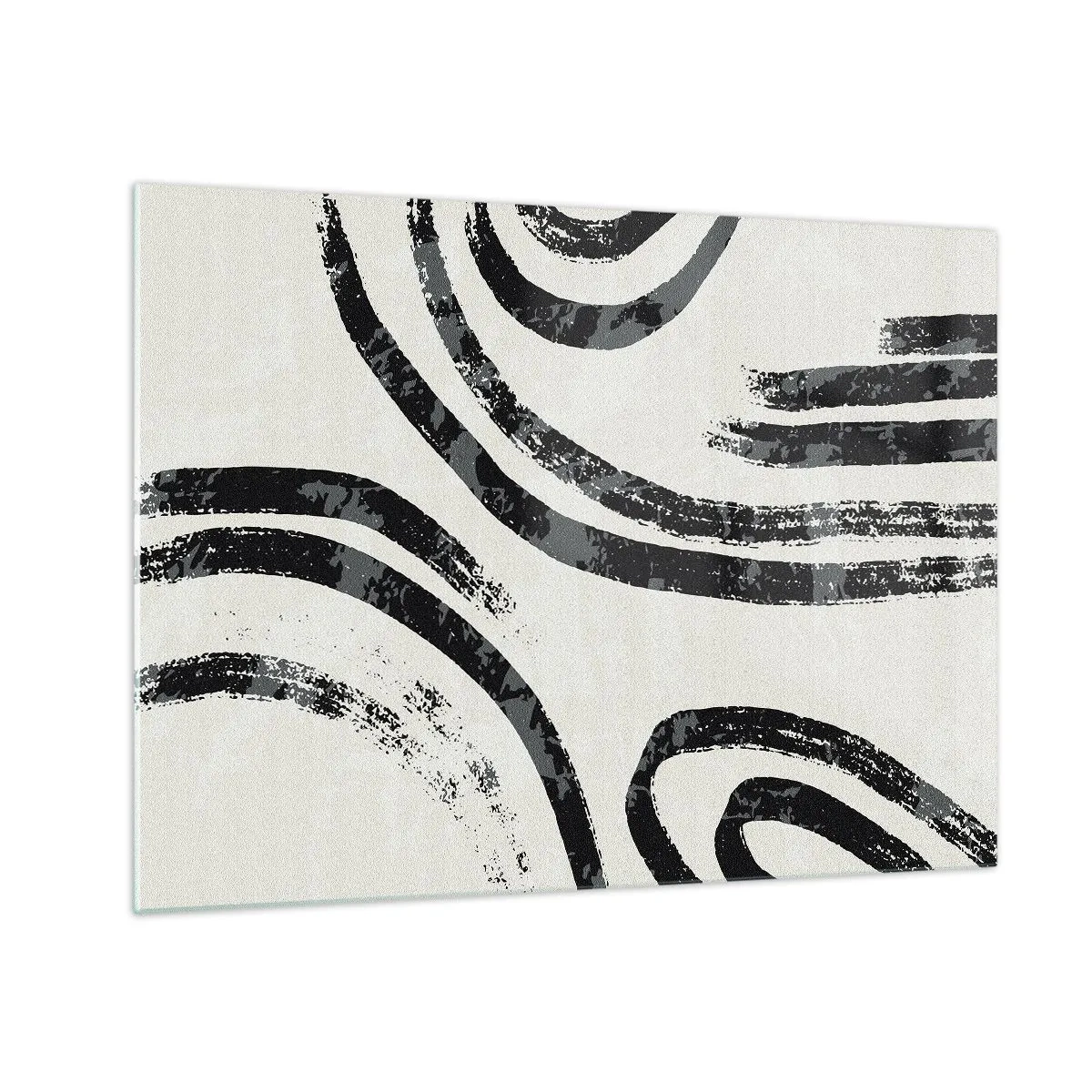 Obraz na skle - Černé půlkruhové čáry v minimalistické abstrakci na světlém pozadí - 70x50cm - Napůl zastavený - Moderní nástěnná dekorace do obývacího pokoje a ložnice ARTTOR