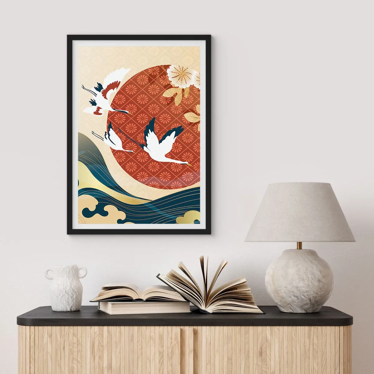 Plakát v černém rámu - Japonská kompozice s jeřáby, vlnami a červeným kruhem - 50x70cm - Japonská pohádka - Moderní nástěnná dekorace do obývacího pokoje a ložnice ARTTOR