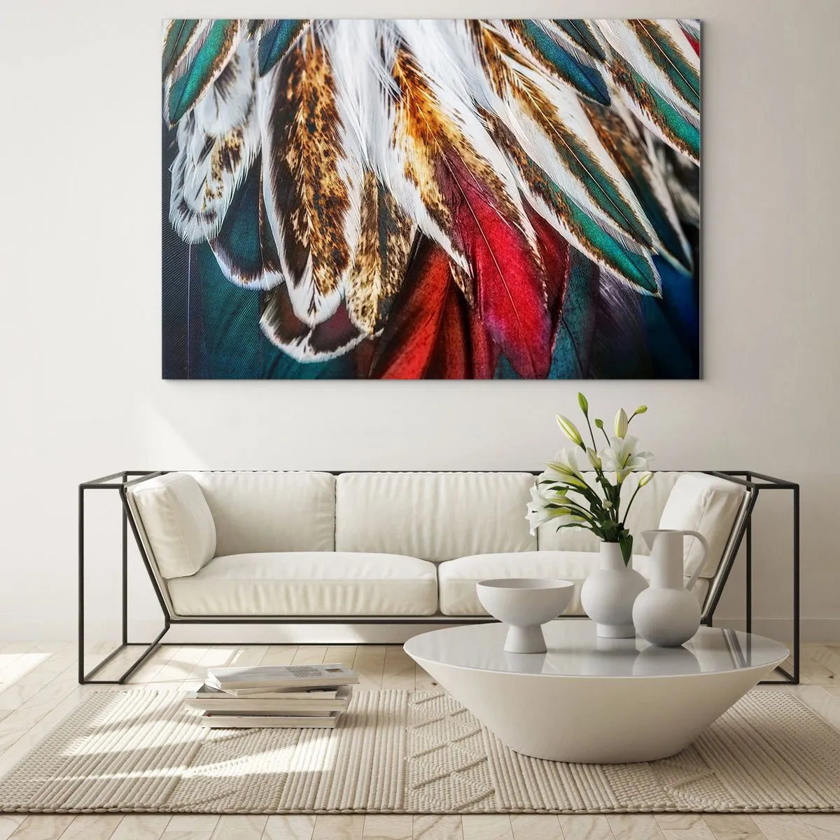Obraz na skle - Barevné peří v bohaté paletě barev s výraznou texturou - 70x50cm - Tajemství letu - Moderní nástěnná dekorace do obývacího pokoje a ložnice ARTTOR