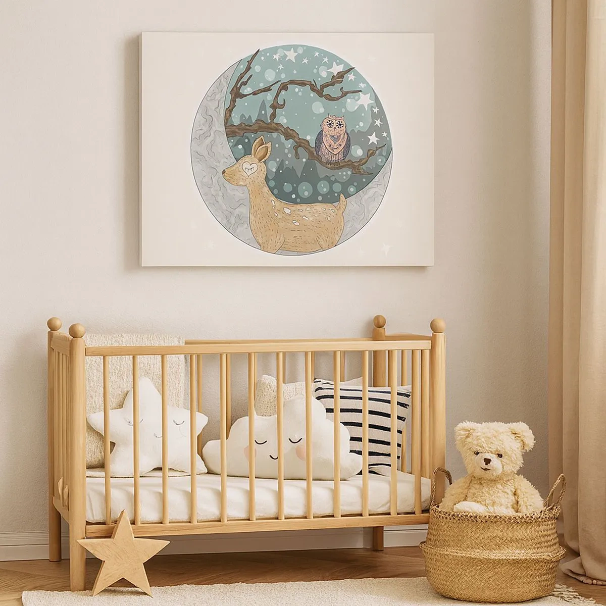 Obraz na plátně - Jelen a sova v pohádkové noční krajině - 70x50cm - Pohádková, lesní noc - Moderní nástěnná dekorace do obývacího pokoje a ložnice ARTTOR
