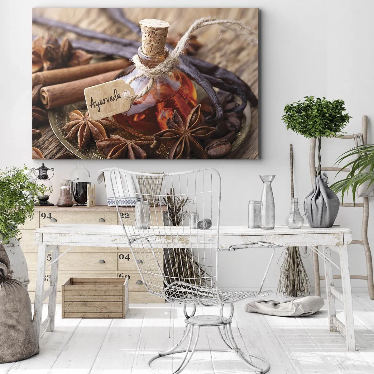 Obraz na plátně - Láhev kořeněného oleje na tácu - 70x50cm - K jednotě těla a ducha - Moderní nástěnná dekorace do obývacího pokoje a ložnice ARTTOR