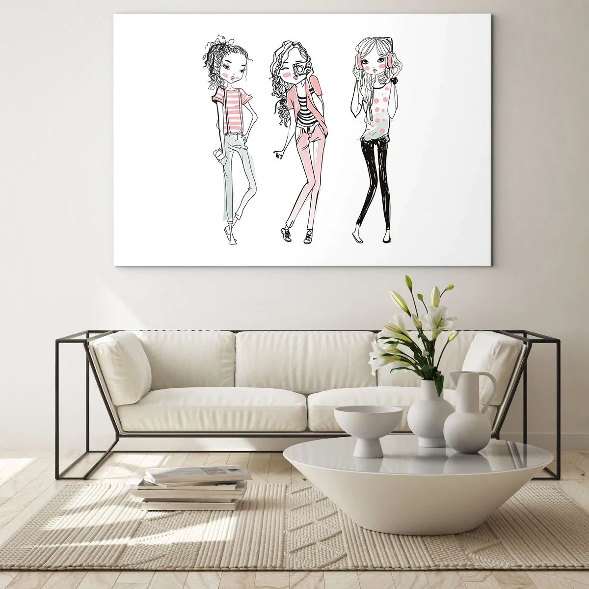Obraz na skle - Tři stylové dívky v pastelových barvách - 70x50cm - Bude, bude zábava - Moderní nástěnná dekorace do obývacího pokoje a ložnice ARTTOR