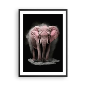 Plakát v černém rámu - Růžový slon v dynamickém černém prostoru - 50x70cm - Nemysli na růžového slona! - Moderní nástěnná dekorace do obývacího pokoje a ložnice ARTTOR