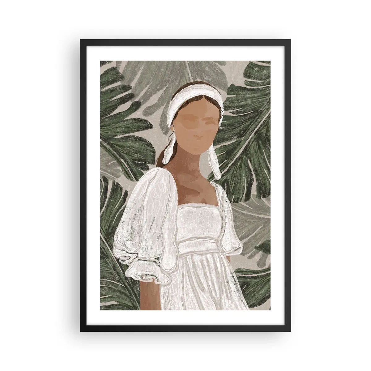 Plakát v černém rámu - Žena v bílých šatech na pozadí zelených listů - 50x70cm - Exotický portrét - Moderní nástěnná dekorace do obývacího pokoje a ložnice ARTTOR