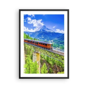 Plakát v černém rámu - Vlak na mostě v Alpách s výhledem na Matterhorn - 50x70cm - Alpská železnice - Moderní nástěnná dekorace do obývacího pokoje a ložnice ARTTOR