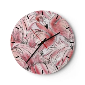 Nástěnné hodiny - Růžoví plameňáci v dynamické, umělecké kompozici - 30x30cm - Ptačí corps de ballet - Moderní nástěnná dekorace do obývacího pokoje, kuchyně a ložnice ARTTOR