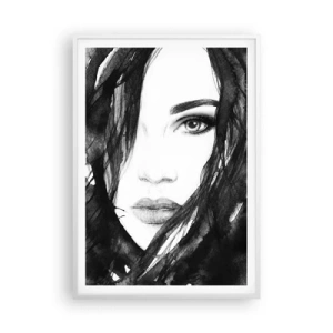 Plakát v bílém rámu - Portrét dámy v černé a bílé - 70x100 cm