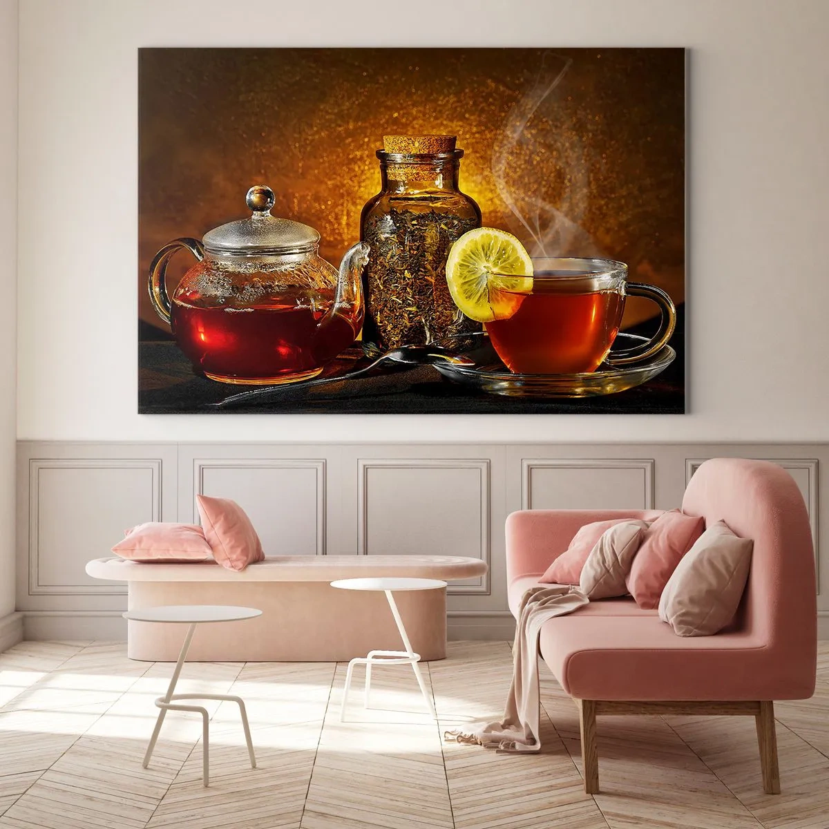 Obraz na skle - Skleněná konvice a šálek čaje s citronem - 70x50cm - Ve stylu nizozemských mistrů - Moderní nástěnná dekorace do obývacího pokoje a ložnice ARTTOR