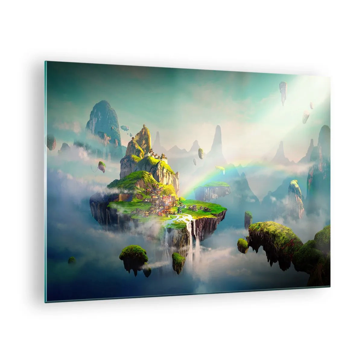 Obraz na skle - Létající ostrovy v oblacích s duhami a vodopády - 70x50cm - Uprostřed nebe - šťastné ostrovy - Moderní nástěnná dekorace do obývacího pokoje a ložnice ARTTOR