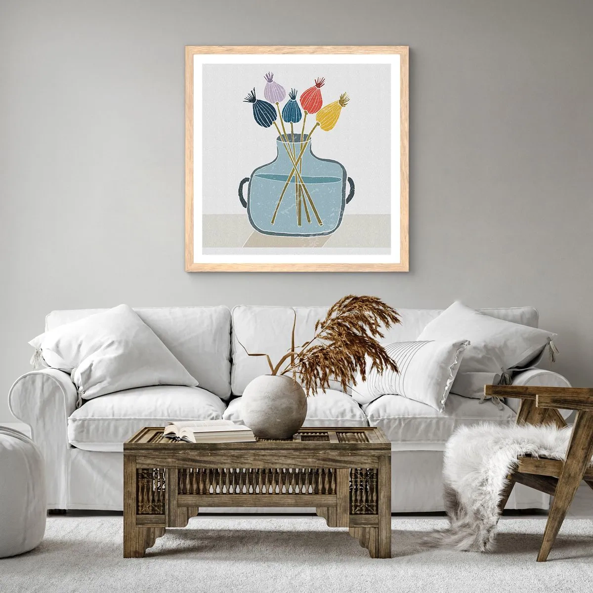 Plakát v rámu světlý dub - Makové květy - 60x60 cm